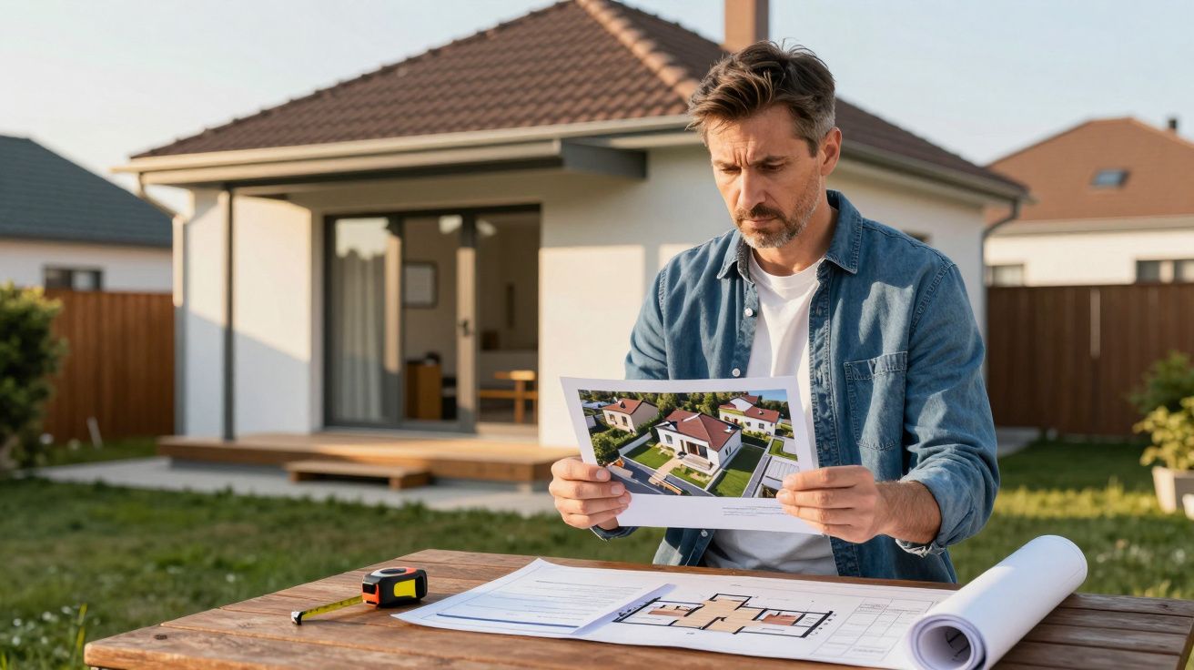 Homem a analisar planta e fotografia de uma casa moderna numa mesa ao ar livre, com casa ao fundo.