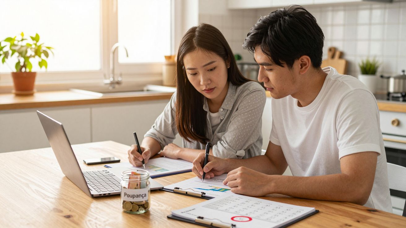 Casal jovem a analisar documentos financeiros numa mesa com cofre de vidro com moedas e palavra poupança.