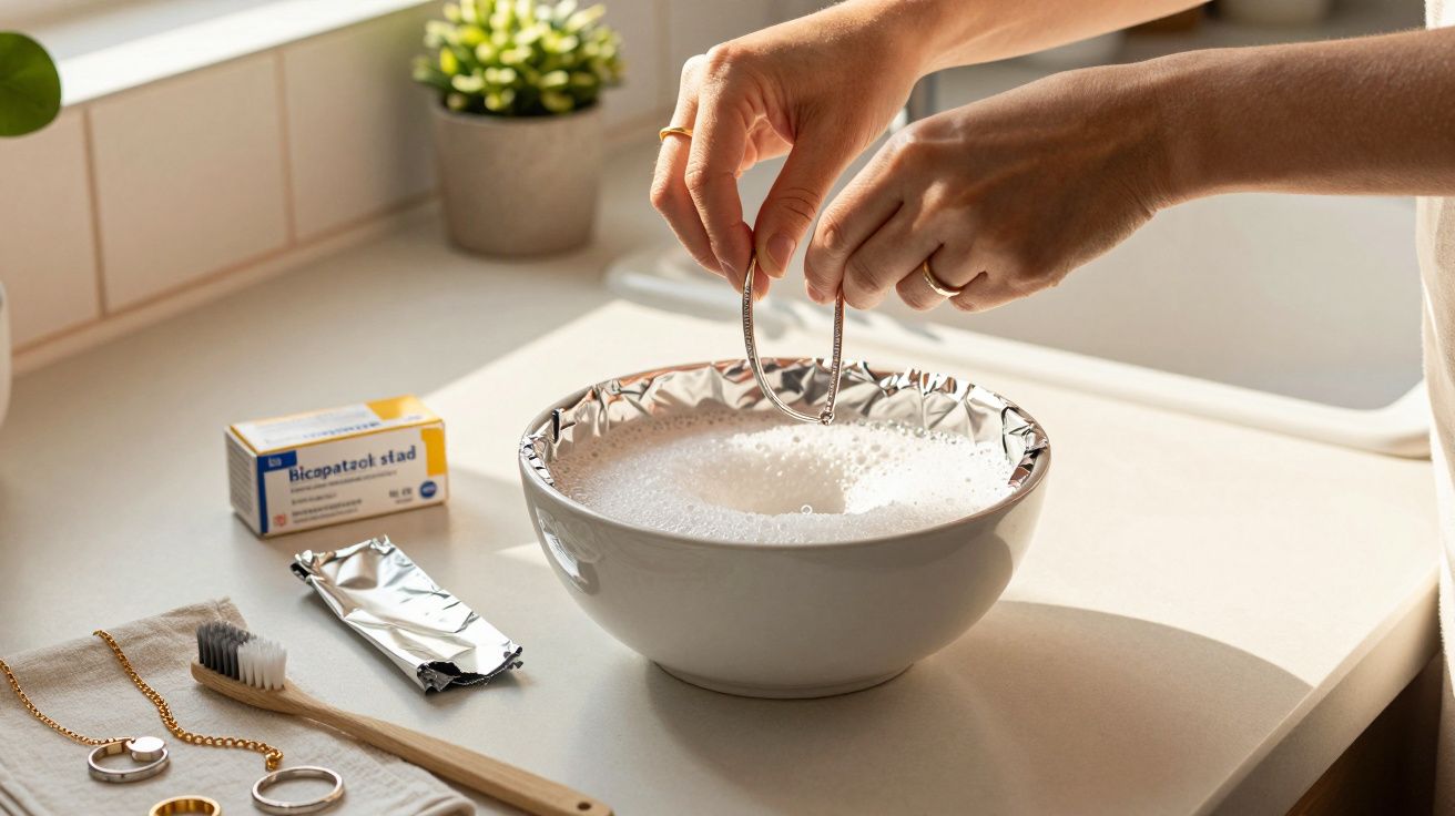 Pessoas a limpar jóias douradas numa tigela com água e pedra de bicarbonato, ao lado de escova e pano.