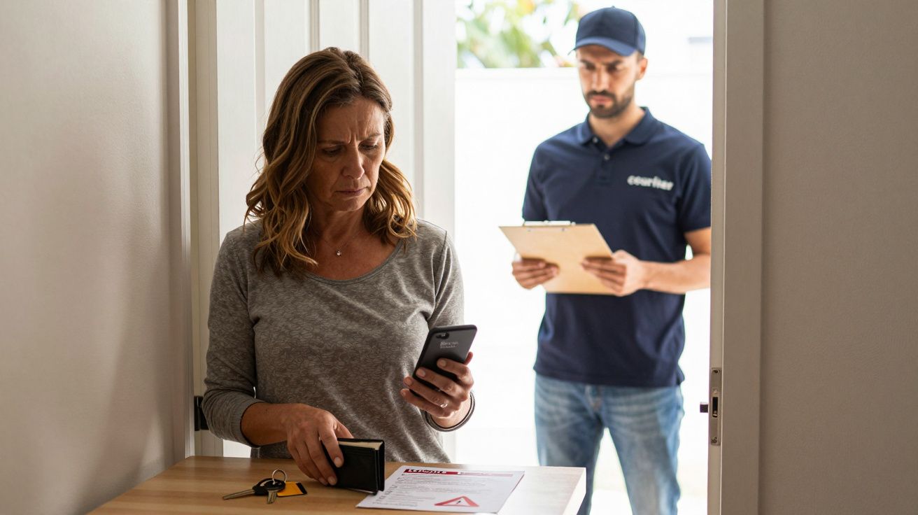 Mulher recebe entrega em casa e consulta telemóvel enquanto homem com fato de estafeta segura prancheta.