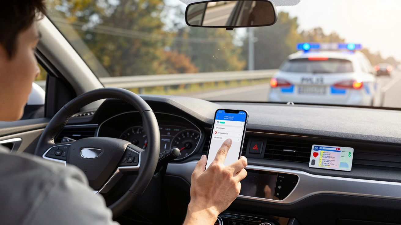 Condutor a usar telemóvel enquanto carro é parado por viatura policial com luzes azuis ligadas.