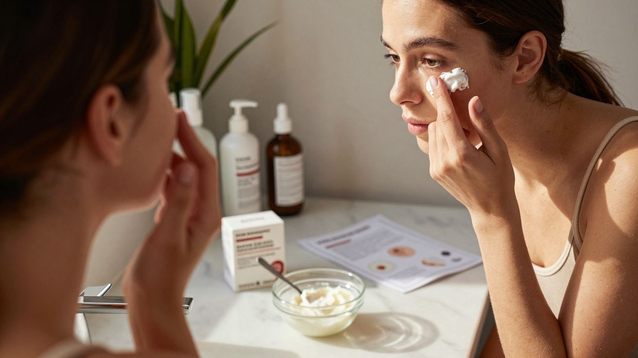 Mulher aplica creme no rosto à frente do espelho, com produtos de cuidados de pele e instruções na bancada.