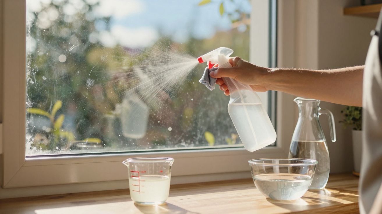 Mão a pulverizar líquido numa janela com frascos e tigela de água num ambiente iluminado pela luz natural.