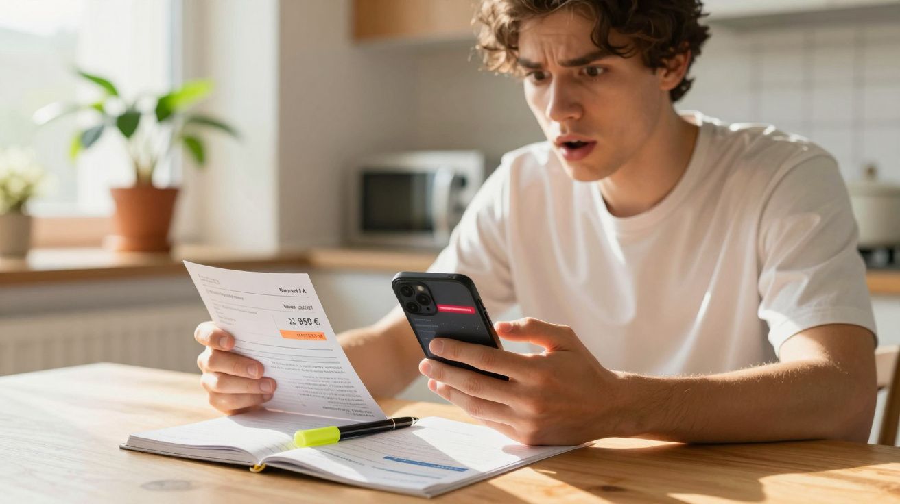Jovem surpreendido a ler uma fatura na cozinha enquanto olha para o telemóvel.