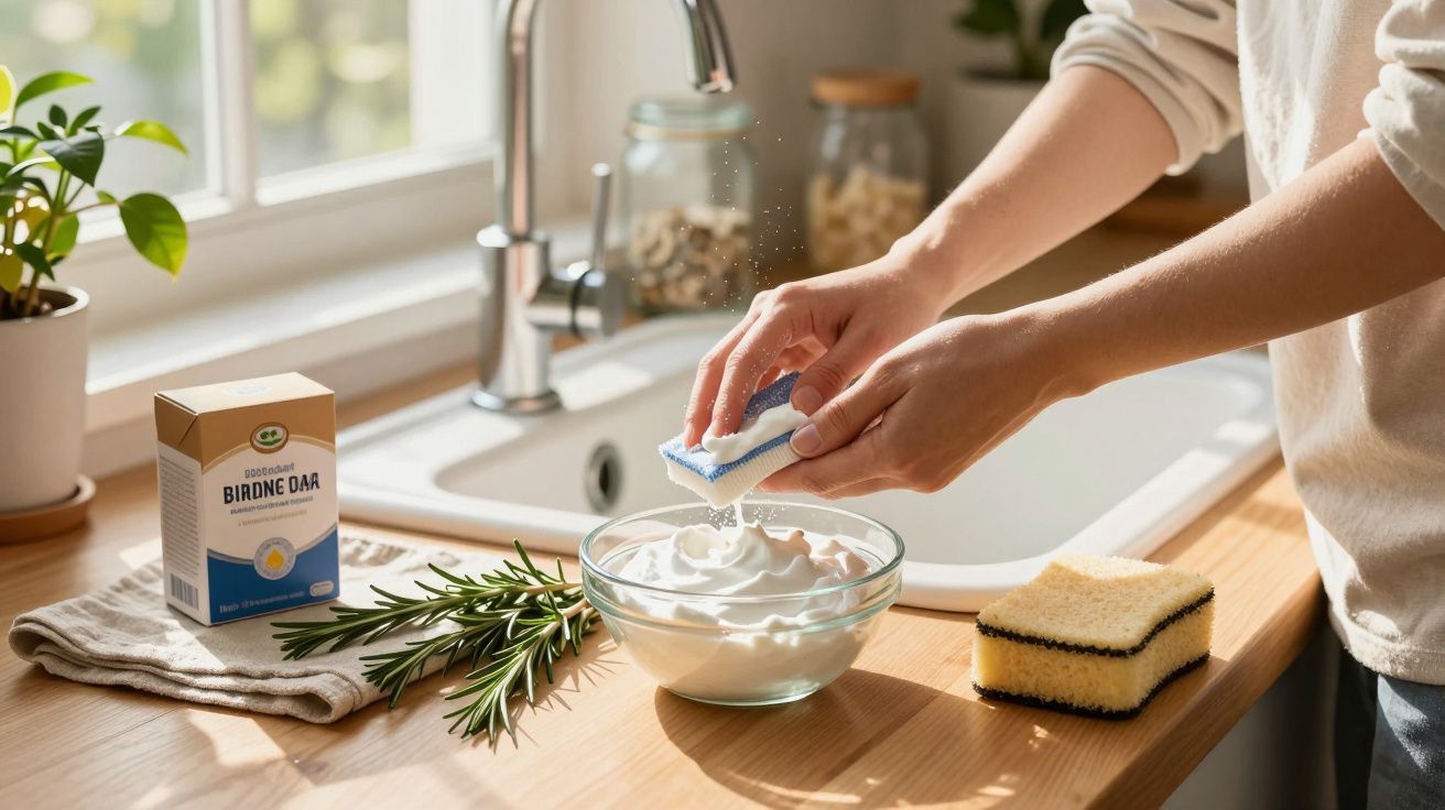 Pessoa a espumar detergente para lavar pratos numa cozinha com bancada de madeira e luz natural.