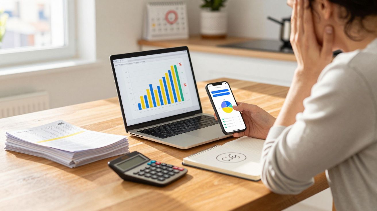 Pessoa a analisar gráficos no computador portátil e no telemóvel, com calculadora e documentos numa mesa.