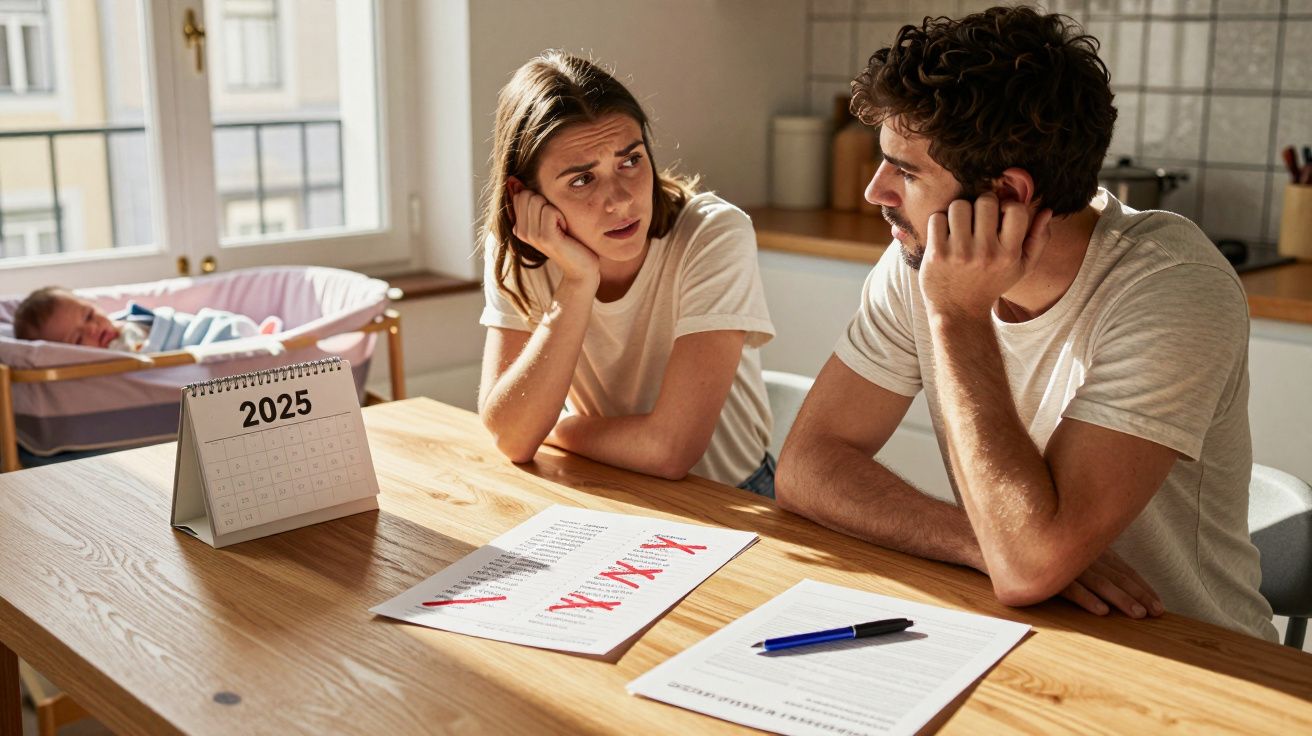 Casal preocupado sentado à mesa com documentos e bebé no berço ao fundo numa sala iluminada.