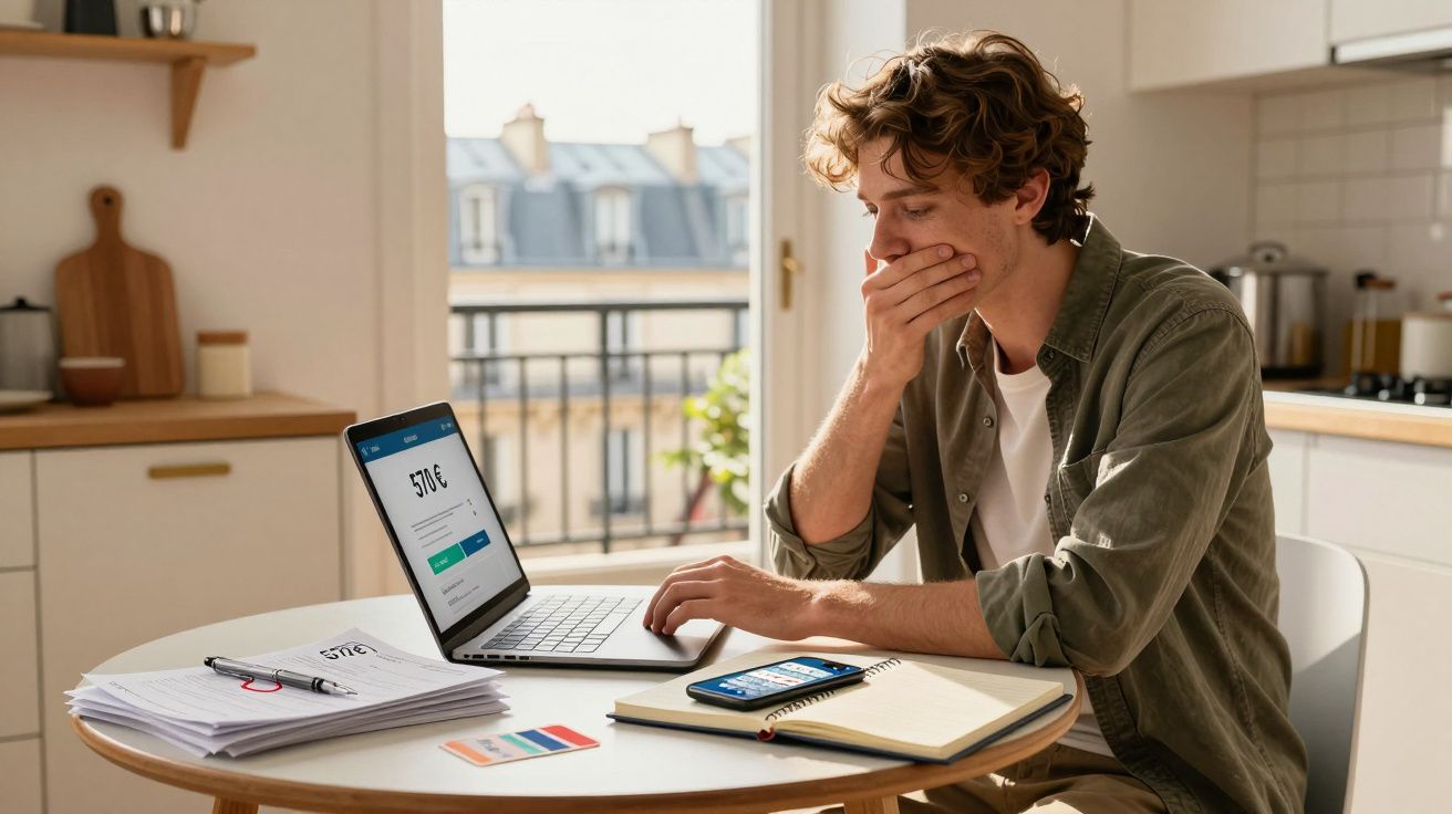 Homem preocupado a olhar para o ecrã do portátil com valor de 570€ numa mesa com papéis, caderno e telemóvel.