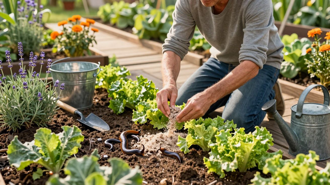 Pessoa a cuidar de plantas numa horta com terra, regador, enxada e minhocas visíveis.