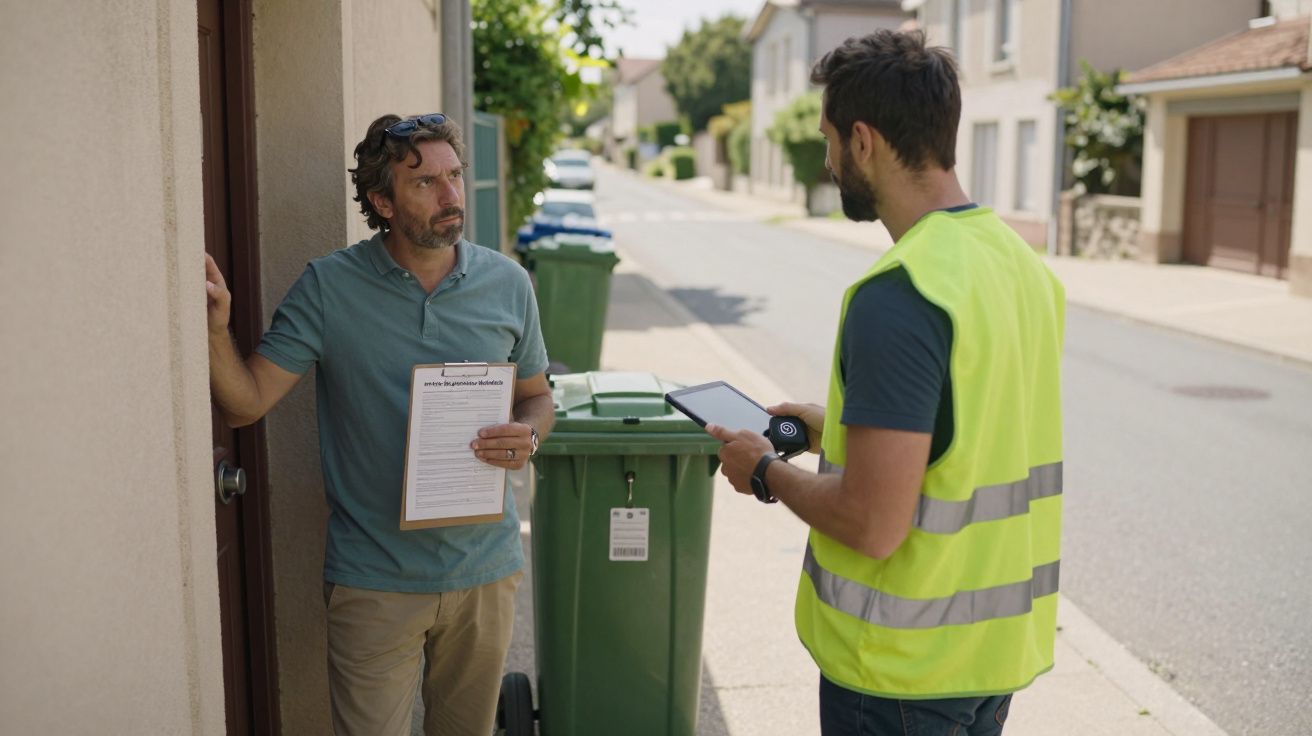 Homem de colete amarelo com tablet fala com morador à porta de casa junto a contentores de lixo.