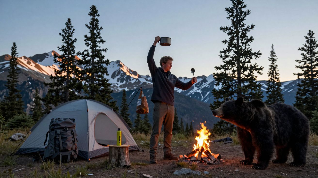 Pessoa junto a fogueira numa tenda de campismo com urso selvagem em floresta, montanhas ao fundo ao entardecer.