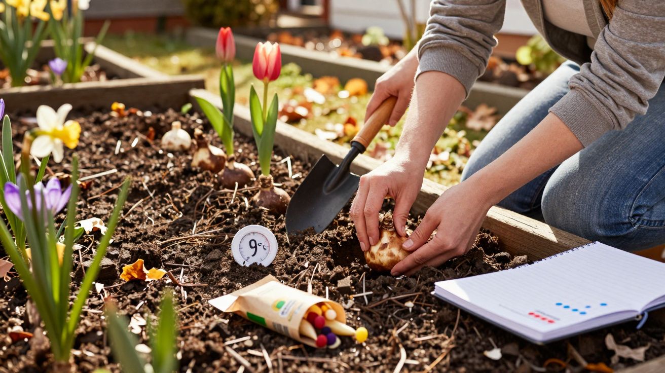 Pessoa a plantar uma cebola de flor num canteiro com flores e um caderno aberto ao lado.