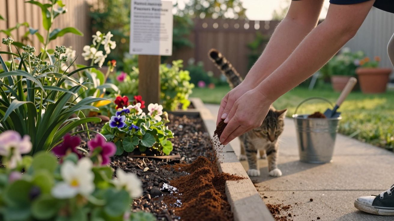 Pessoa a deitar terra num canteiro com flores, gato curioso a observar, em jardim ensolarado.