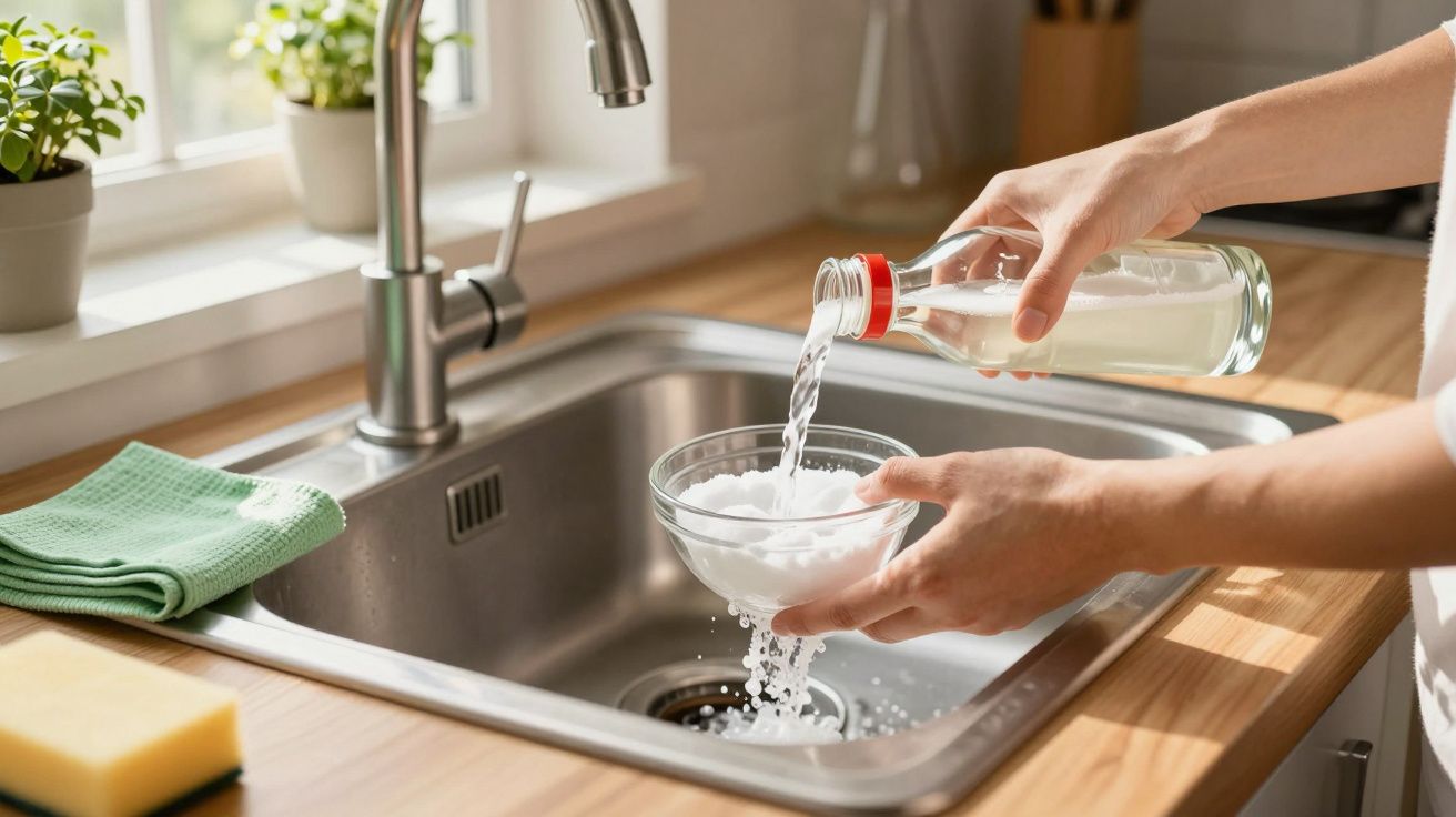Mãos a verter líquido de garrafa para tigela com bicarbonato sobre pia de cozinha moderna em madeira.