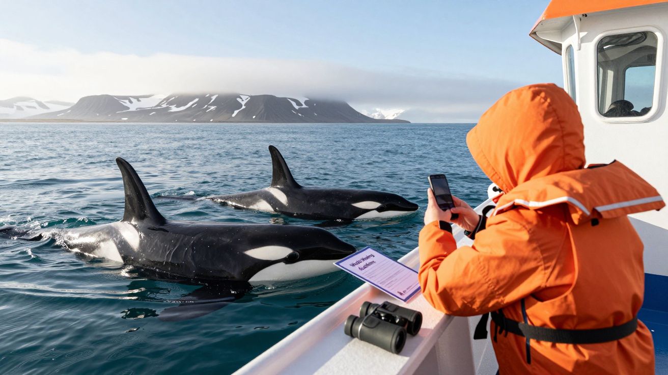 Pessoa com fato laranja a fotografar duas orcas junto a um barco no mar com montanhas ao fundo.