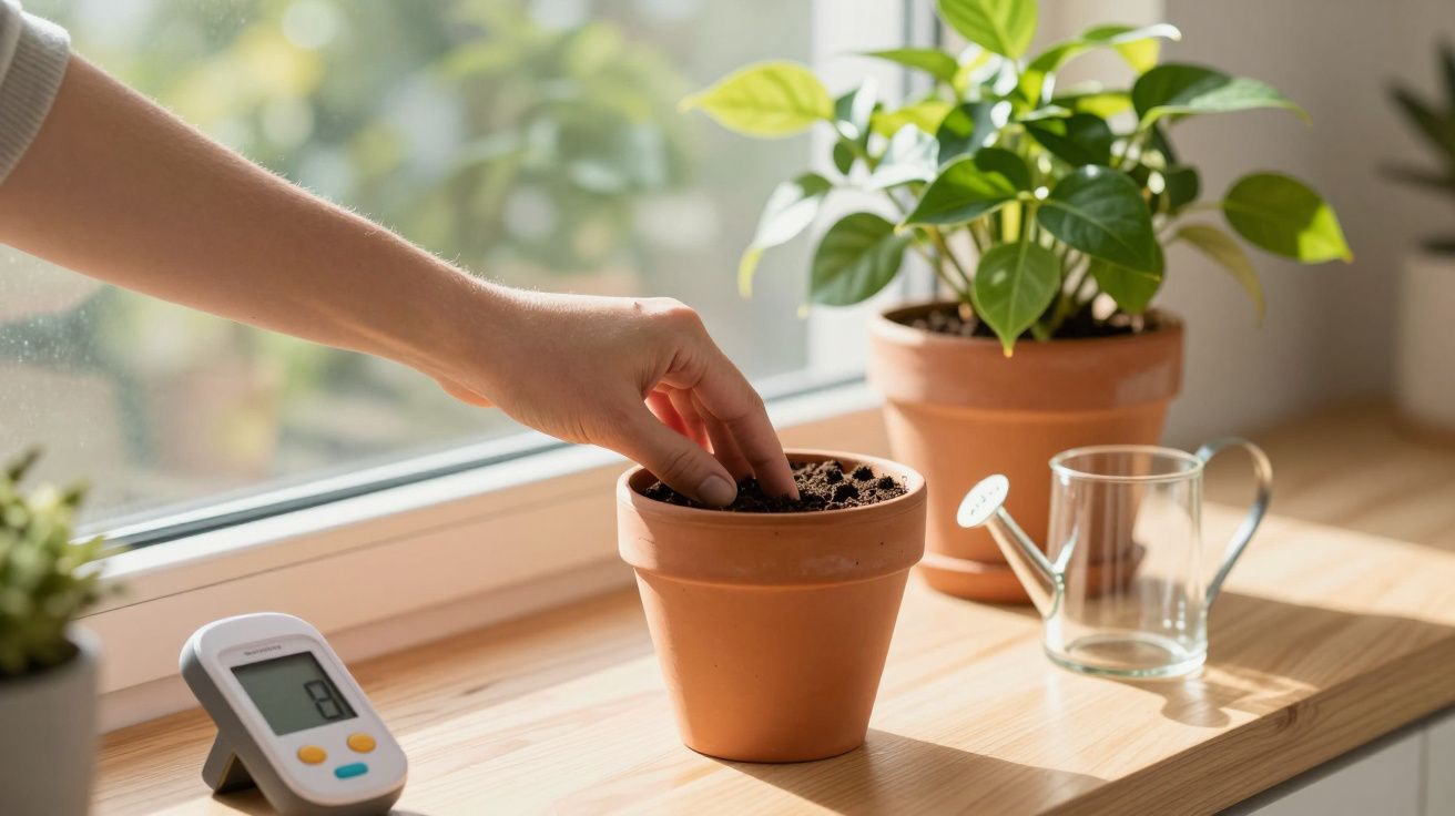 Mão a plantar sementes em vaso de barro junto a regador e vaso com planta numa janela iluminada.