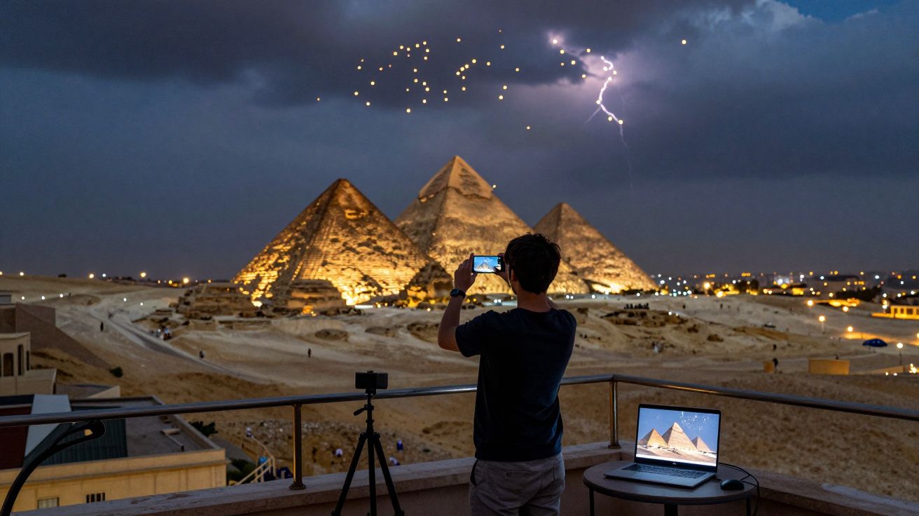Pessoa tira foto das pirâmides de Gizé iluminadas durante tempestade com relâmpago à noite.