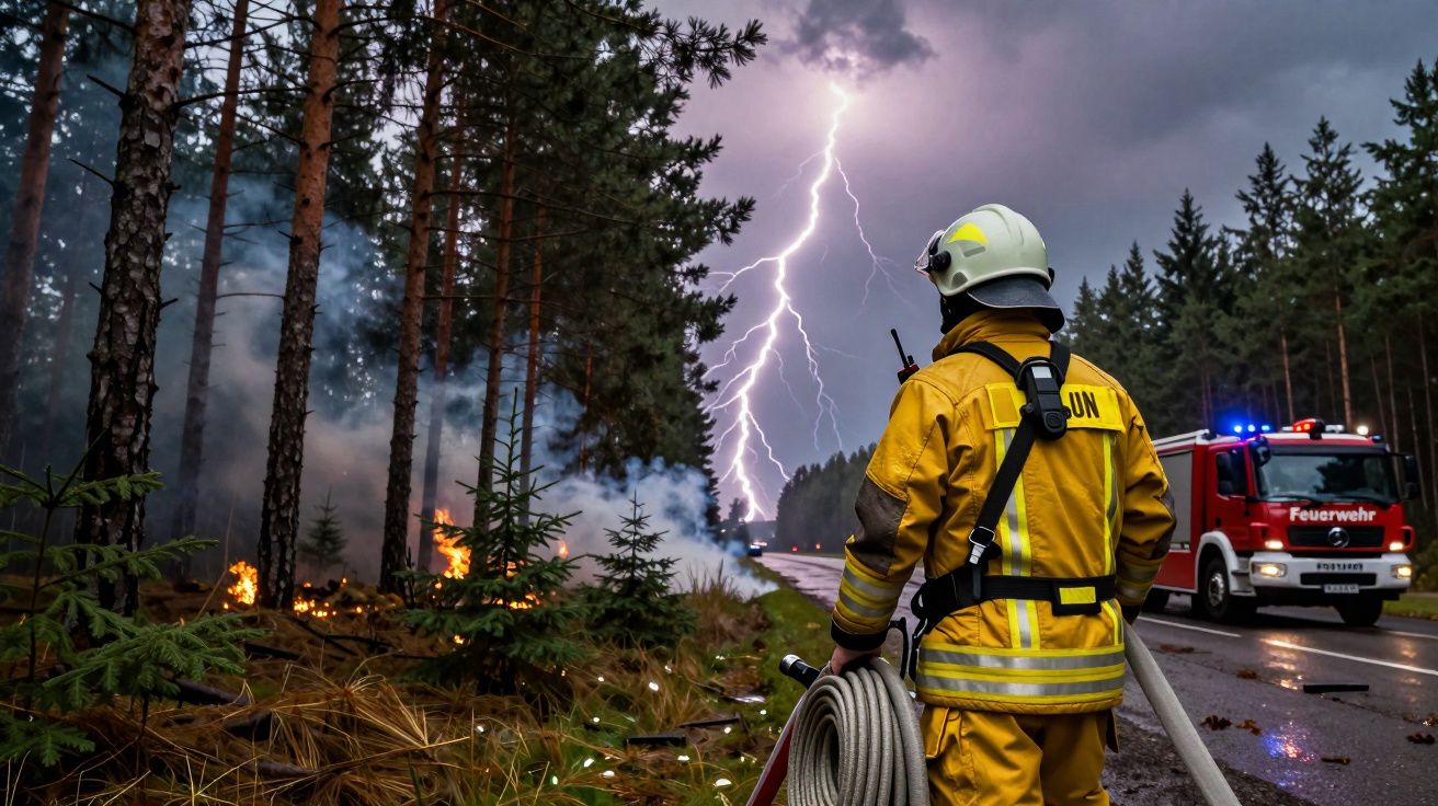 Bombeiro vestido de amarelo segura mangueira perto de fogo numa floresta durante tempestade e relâmpago.