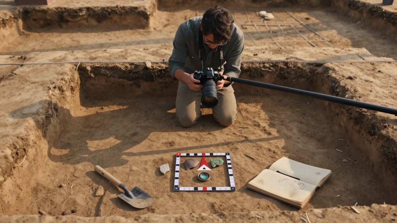 Homem fotografa artefactos arqueológicos numa escavação com ferramentas e diário ao lado.