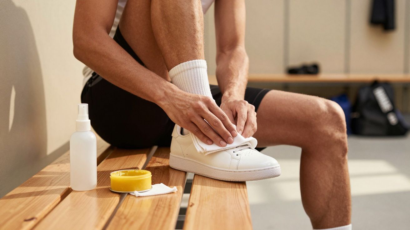 Pessoa sentada num banco a limpar um ténis branco com um pano, ao lado frascos de limpeza.