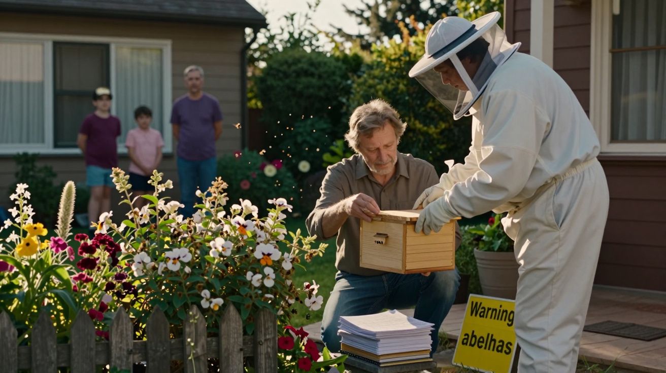 Homem com fato de apicultor observa caixa de abelhas enquanto outro homem segura-a no jardim de casa.
