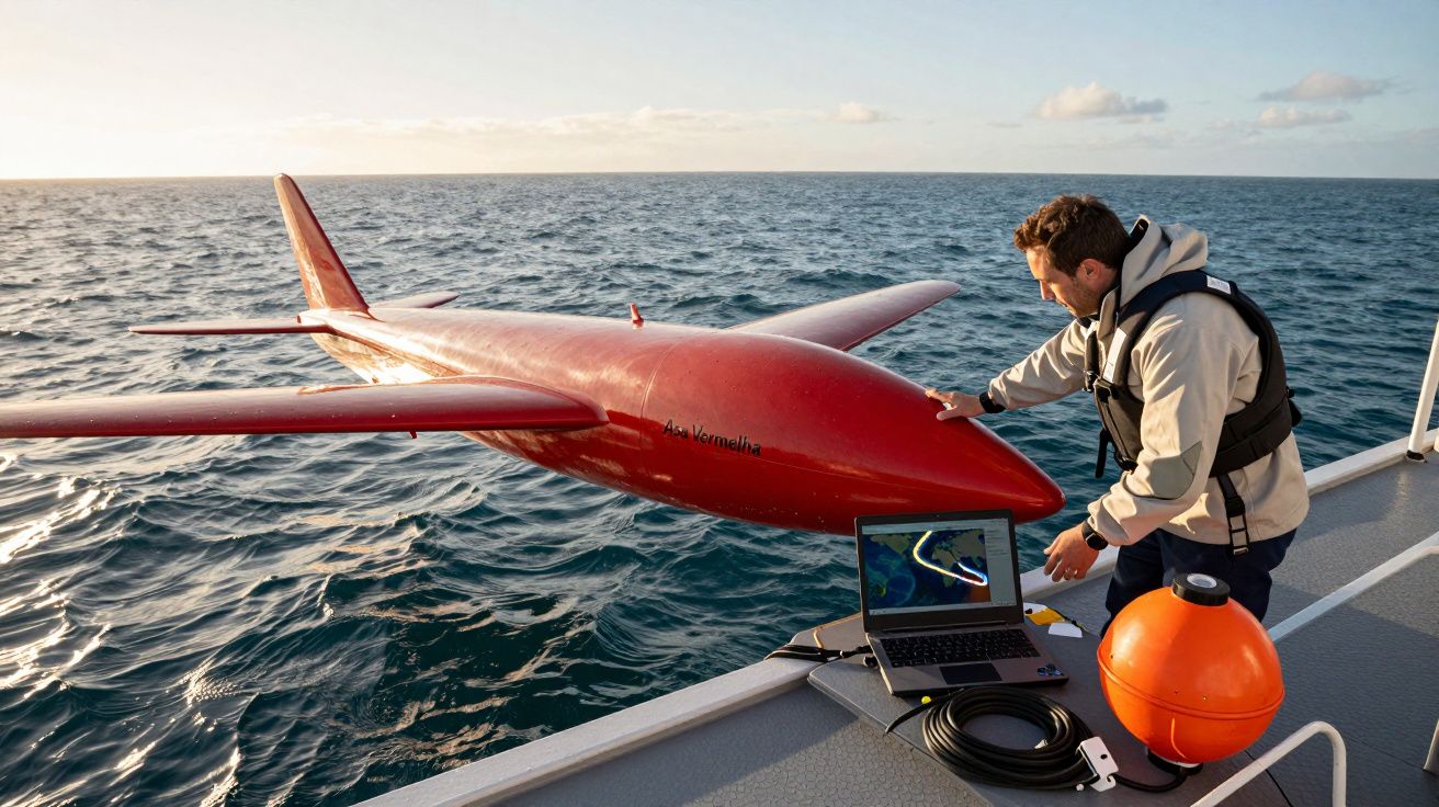 Homem lança drone subaquático vermelho chamado Asa Vermelha a partir de barco no mar.