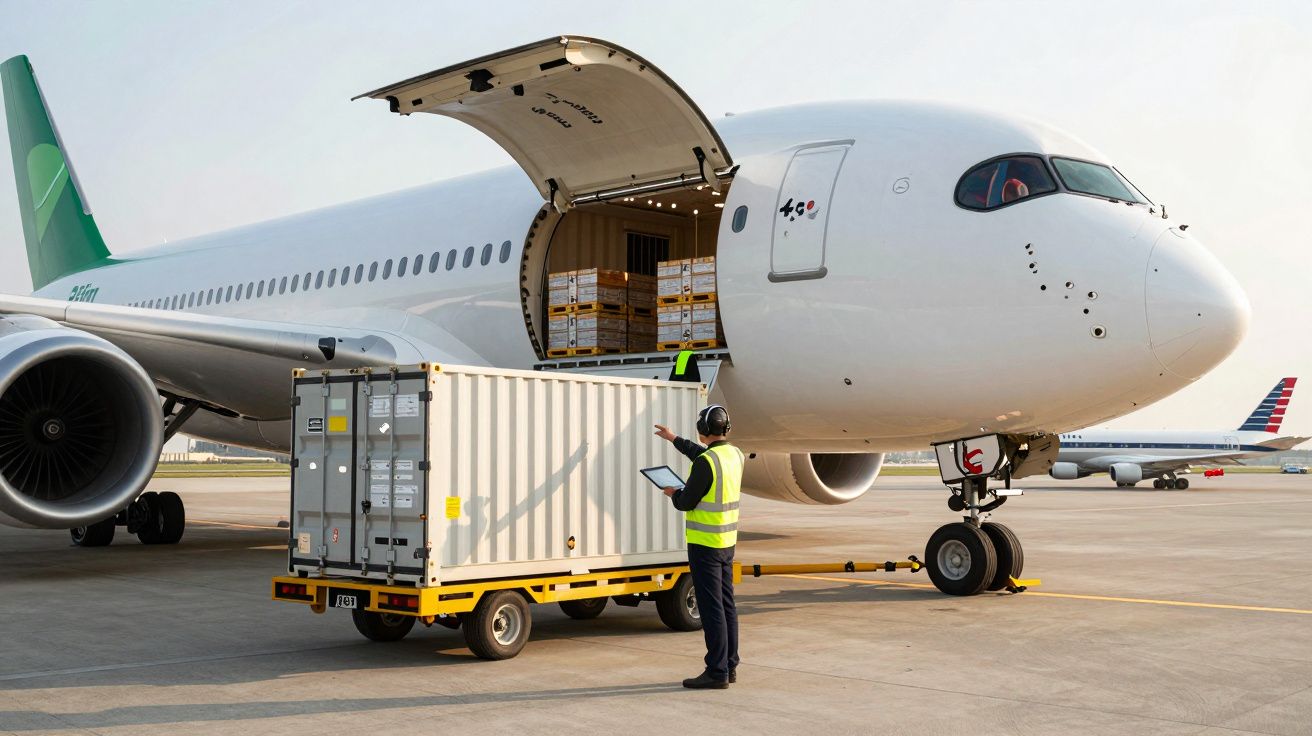 Funcionário em colete refletor coordena carregamento de carga num avião de mercadorias no aeroporto.