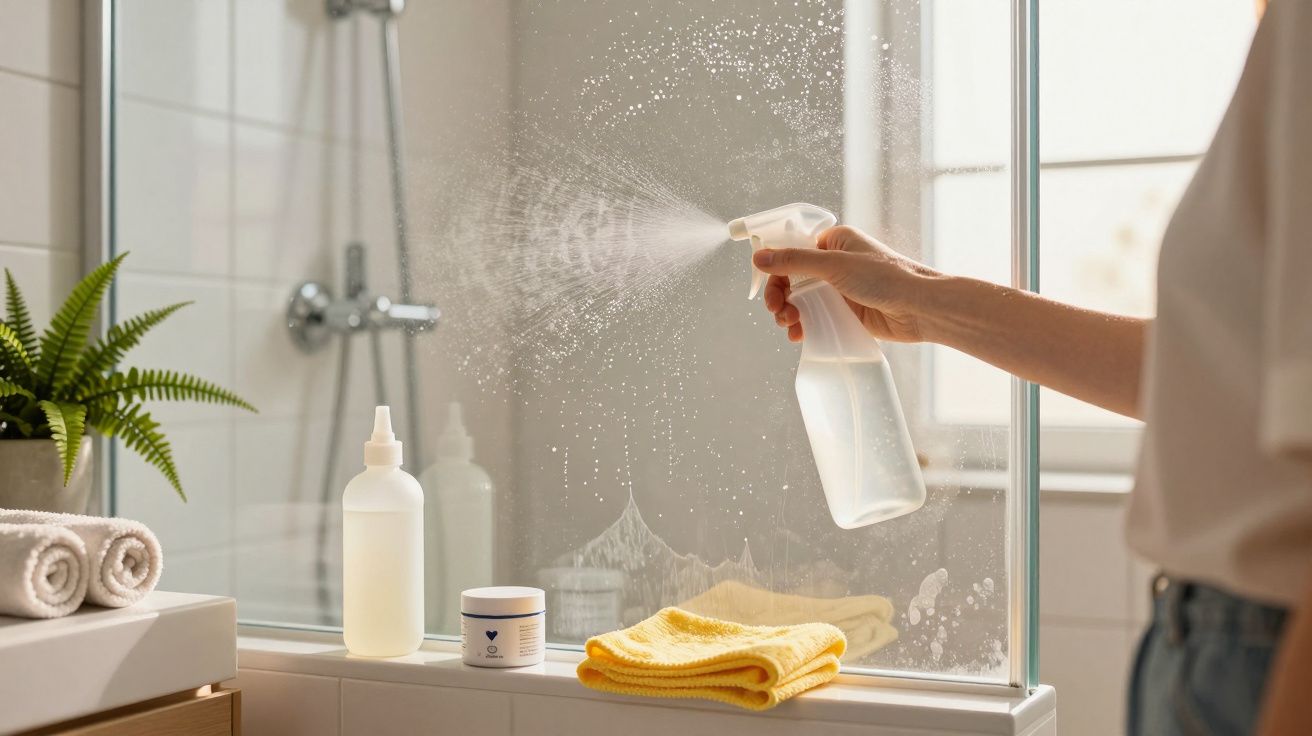Pessoa a borrifar produto de limpeza num vidro de cabine de duche, com toalhas e planta no ambiente.