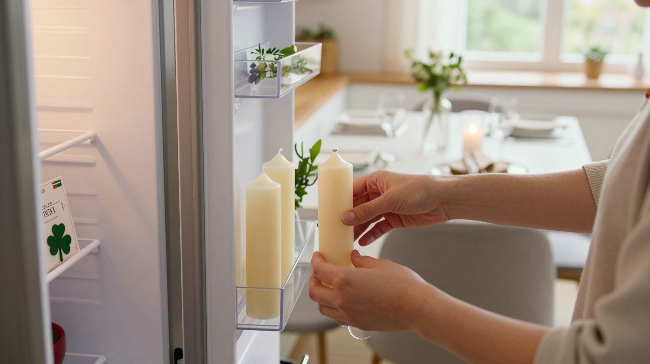 Pessoa a guardar velas brancas no compartimento da porta de um frigorífico aberto numa sala de jantar.
