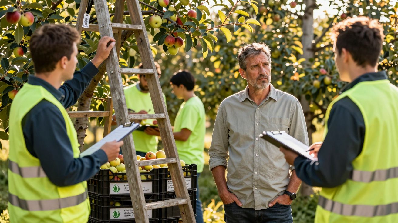 Agricultores a recolher maçãs e a discutir trabalho num pomar ao entardecer.