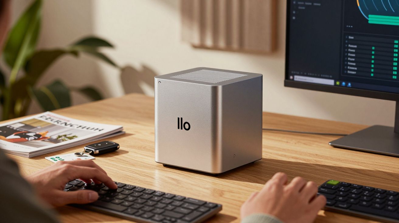 Computador compacto prateado com a palavra "llo" numa secretária de madeira com teclado e monitor.