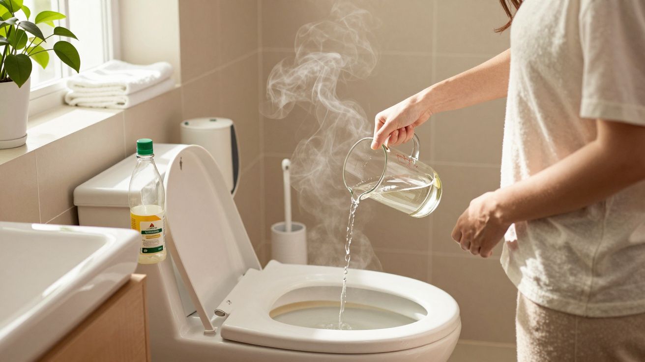 Pessoa a verter água quente num sanita branca num casa de banho iluminada.