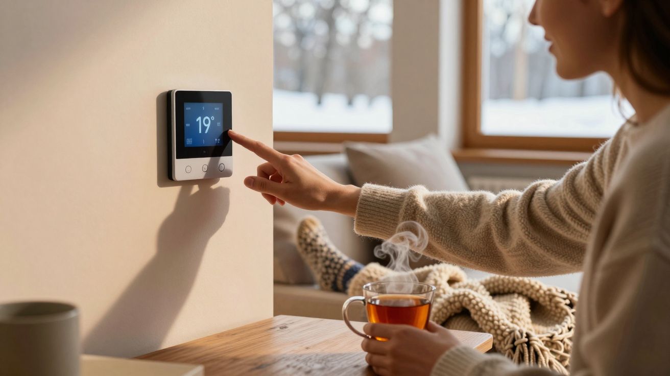 Pessoa ajusta termostato digital a 19ºC numa sala acolhedora com manta e chá quente.