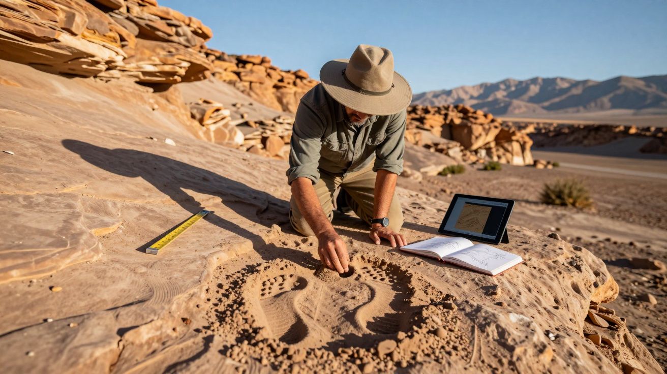 Homem a investigar pegadas fósseis num deserto rochoso com caderno e tablet ao lado.