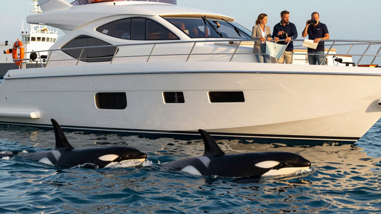 Iate branco no mar com três pessoas a observar duas orcas a nadar perto da embarcação.