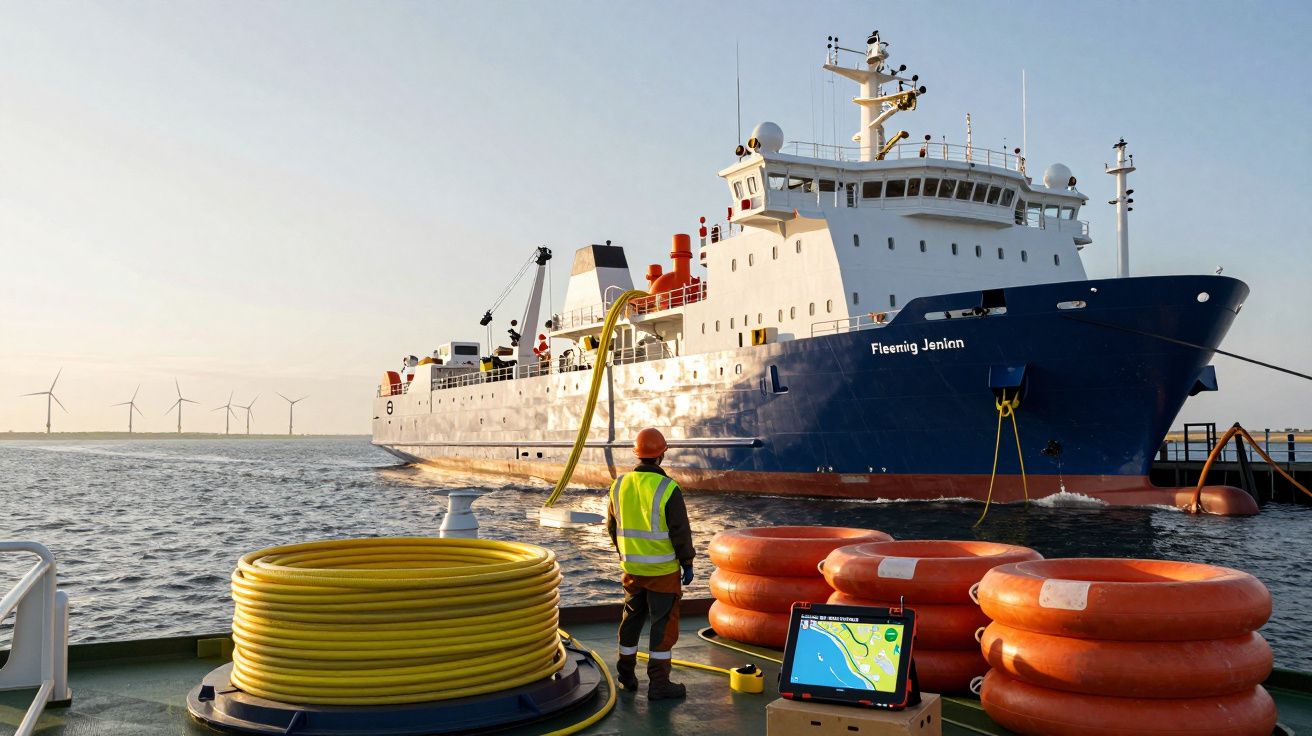 Navio de pesquisa ancorado com trabalhador em colete refletor, cabos e turbinas eólicas ao fundo.