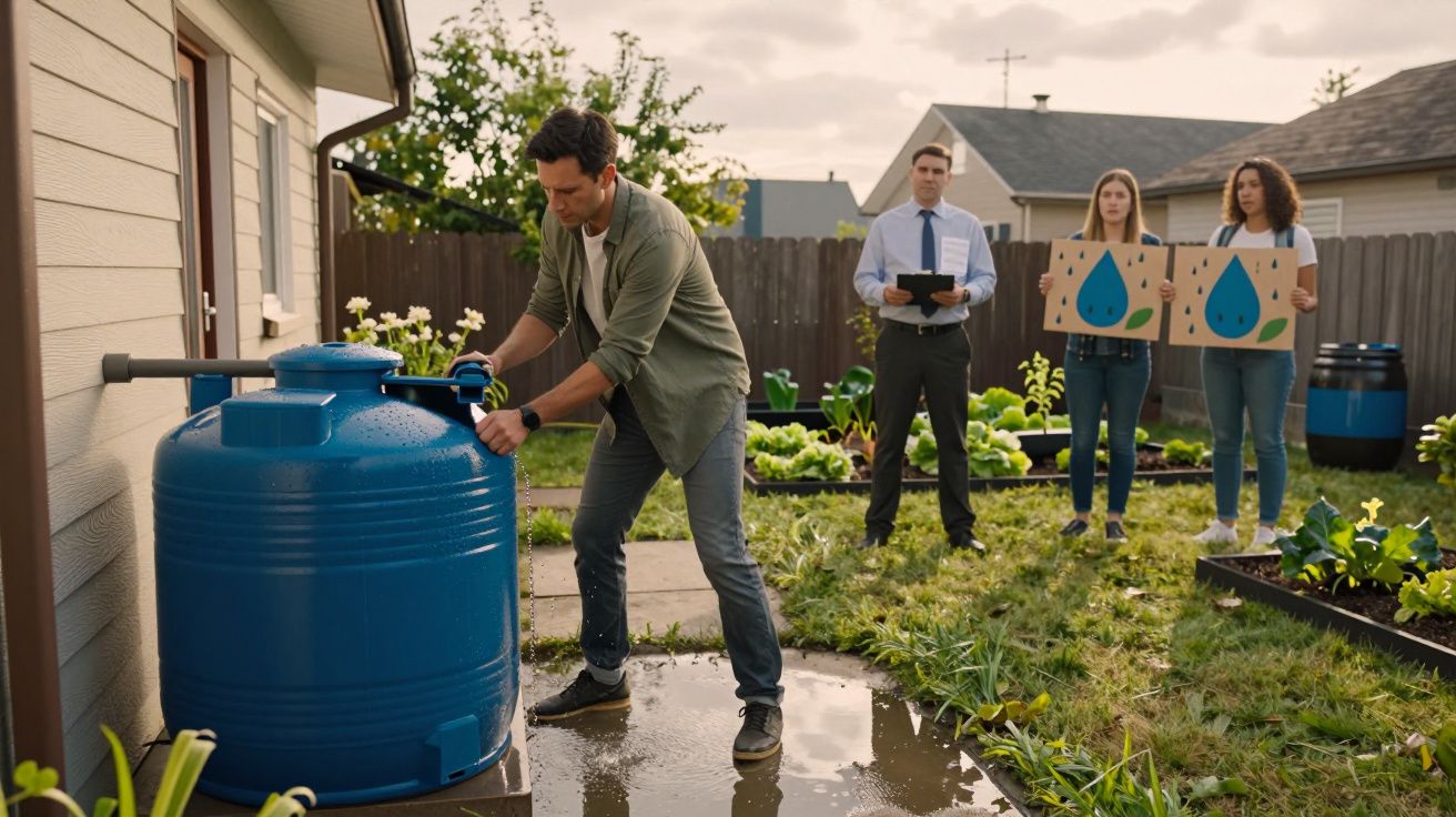 Homem a recolher água de um tanque azul com pessoas ao fundo segurando cartazes de gotas de água.