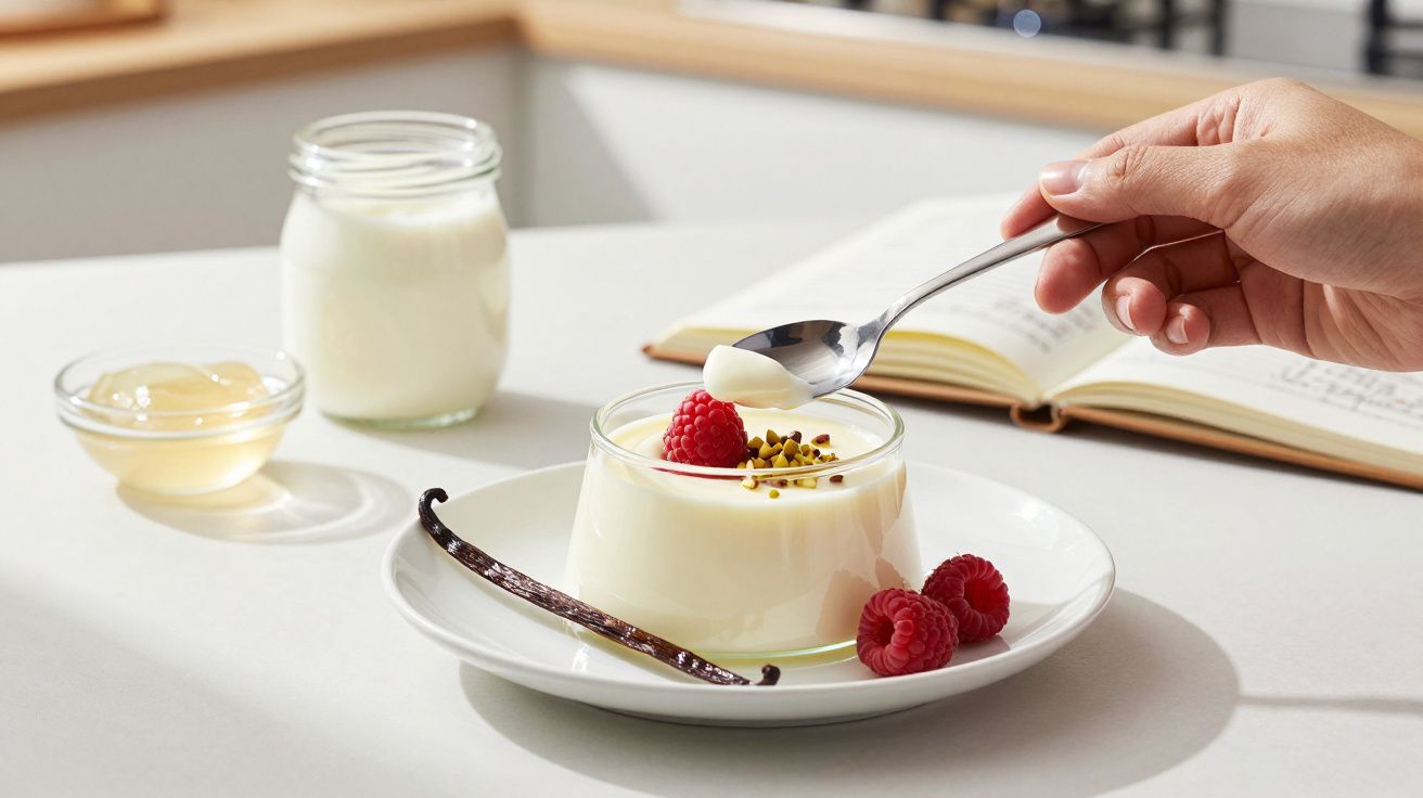 Taça de iogurte com framboesas, sementes, fava de baunilha e colher, com frascos e livro ao fundo.