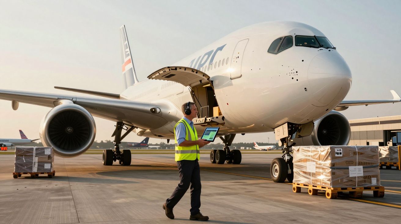 Funcionário no aeroporto com colete reflector a consultar um tablet junto a um avião e carga aérea.
