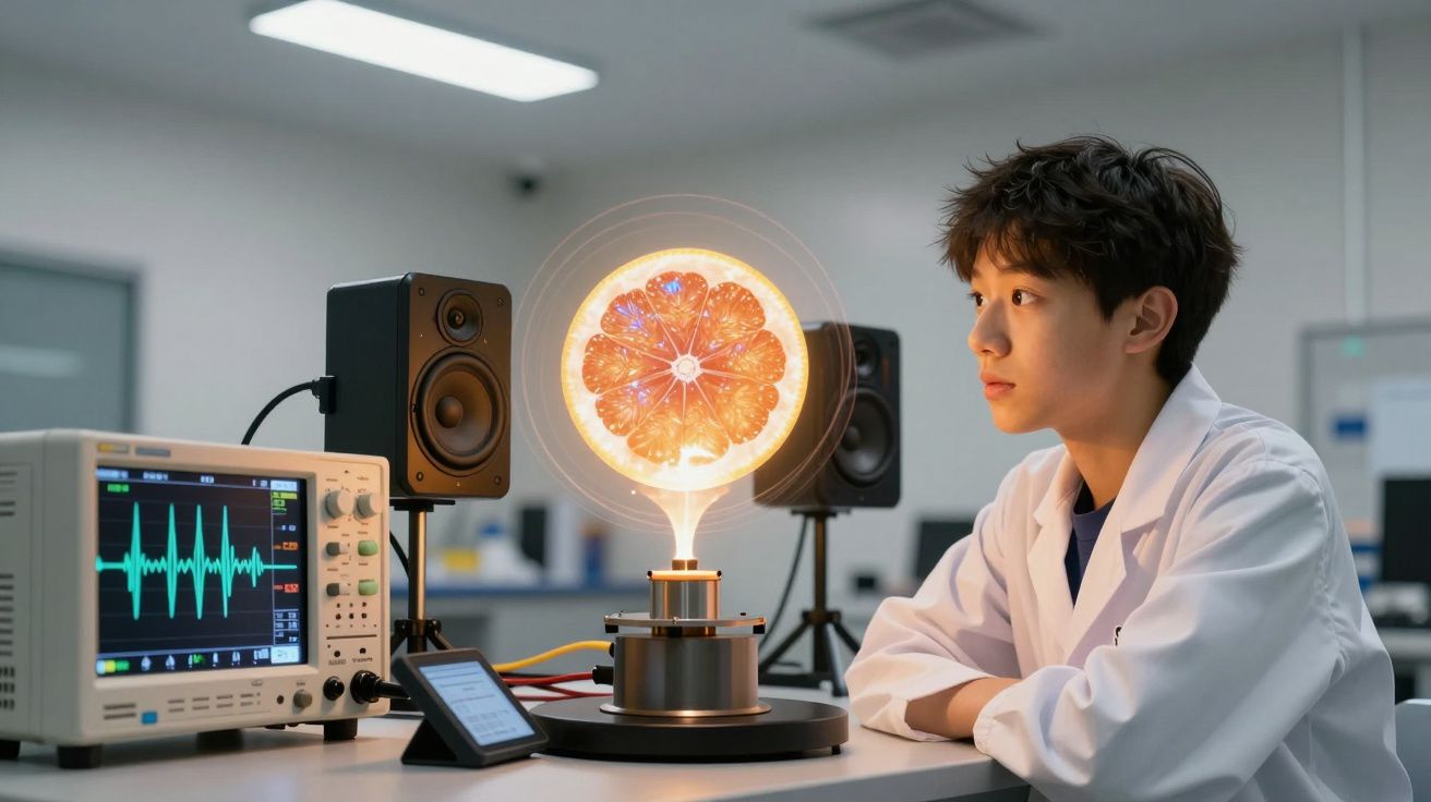 Jovem cientista em laboratório observa fatia iluminada de fruta rodeada por equipamento tecnológico.