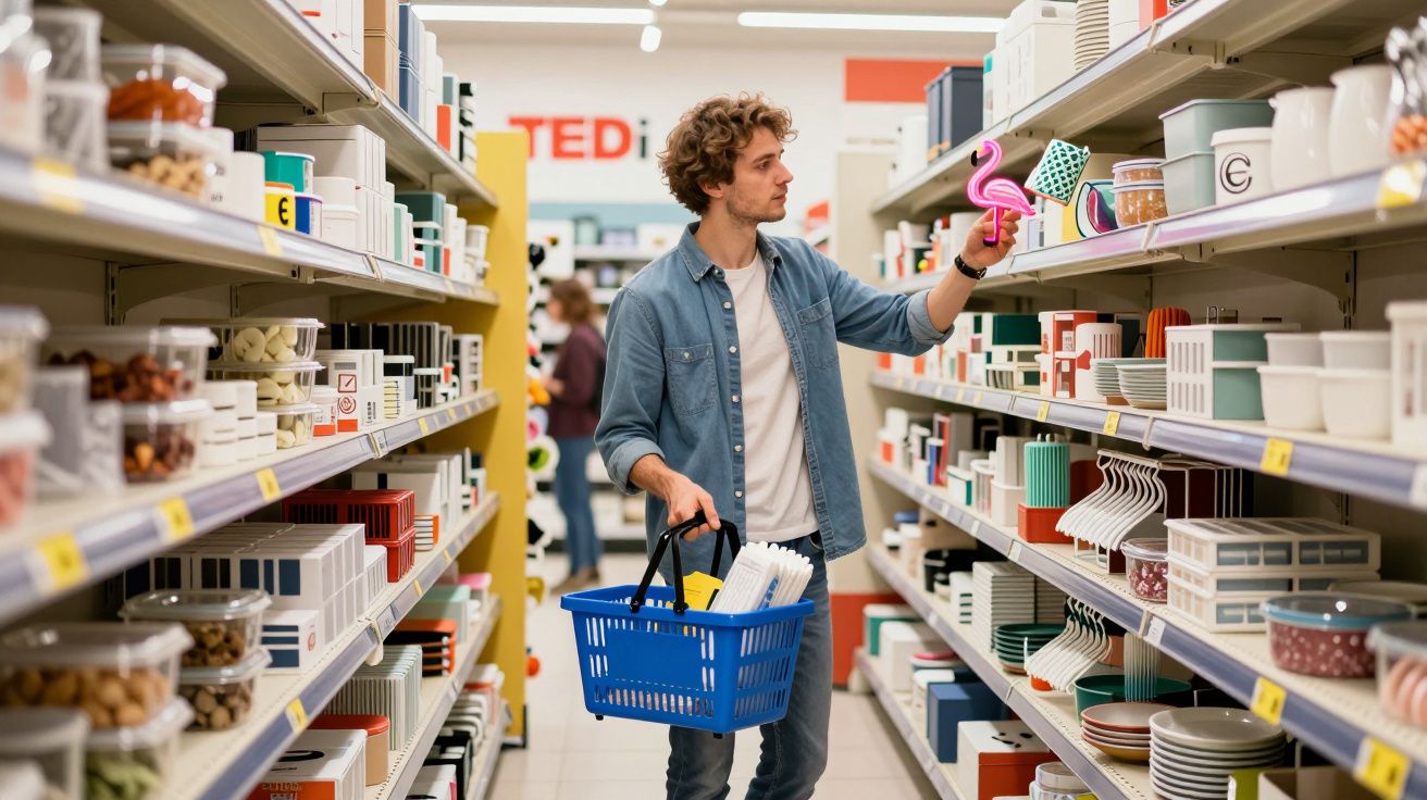 Homem a segurar uma figura de flamingo rosa numa loja de artigos para casa, com um cesto de compras azul na mão.