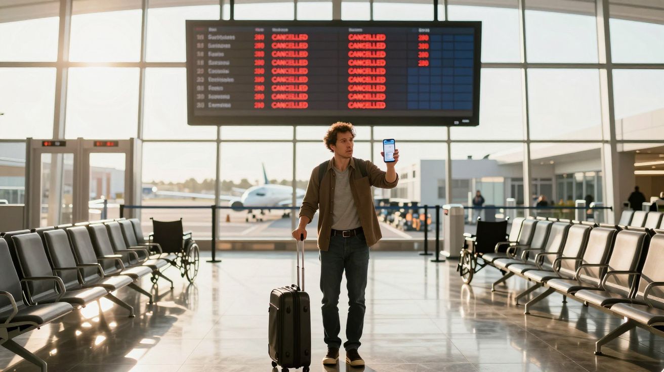 Homem com mala mostra telemóvel junto a painel de voos cancelados num aeroporto vazio ao pôr do sol.