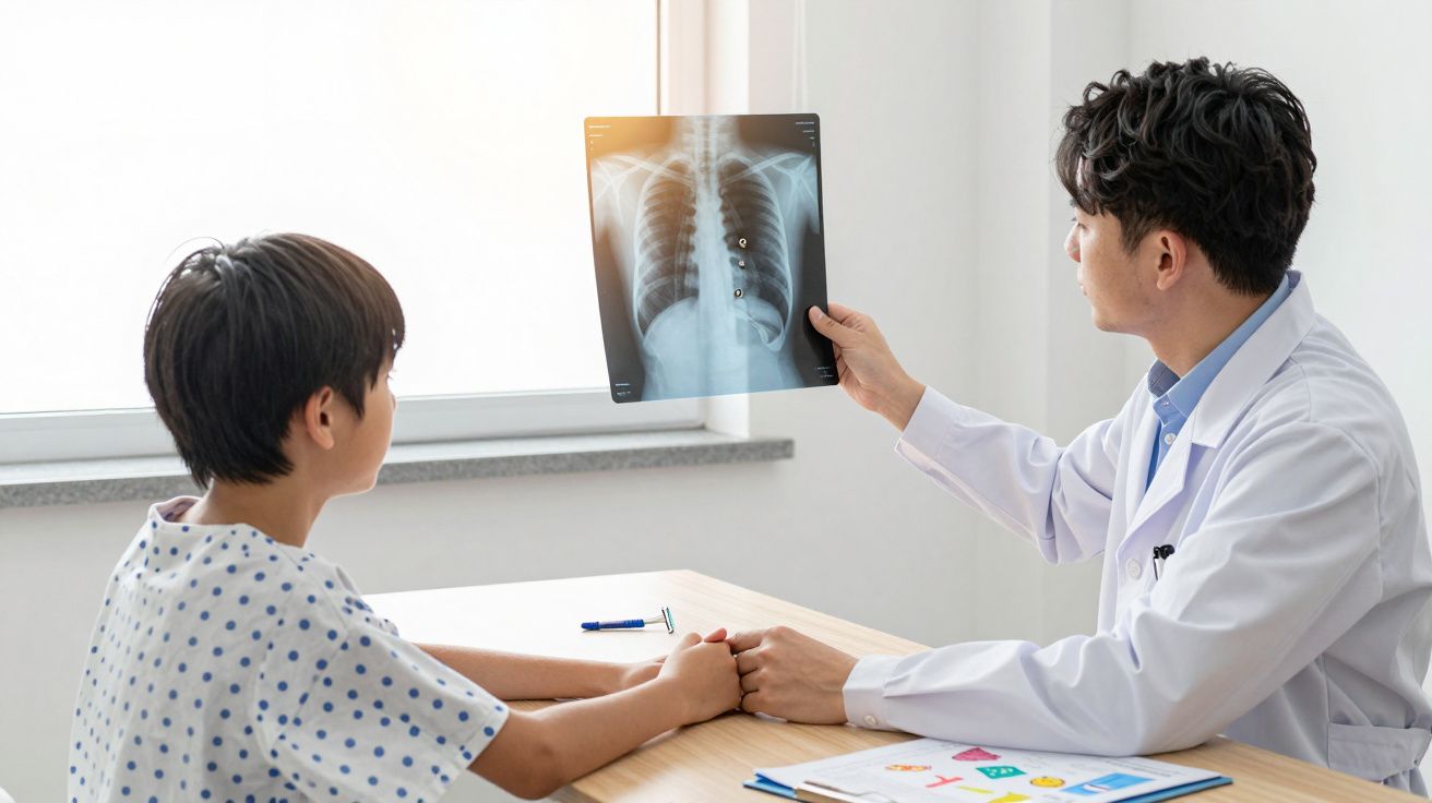 Médico mostra radiografia ao jovem paciente enquanto lhe segura a mão numa consulta num consultório.