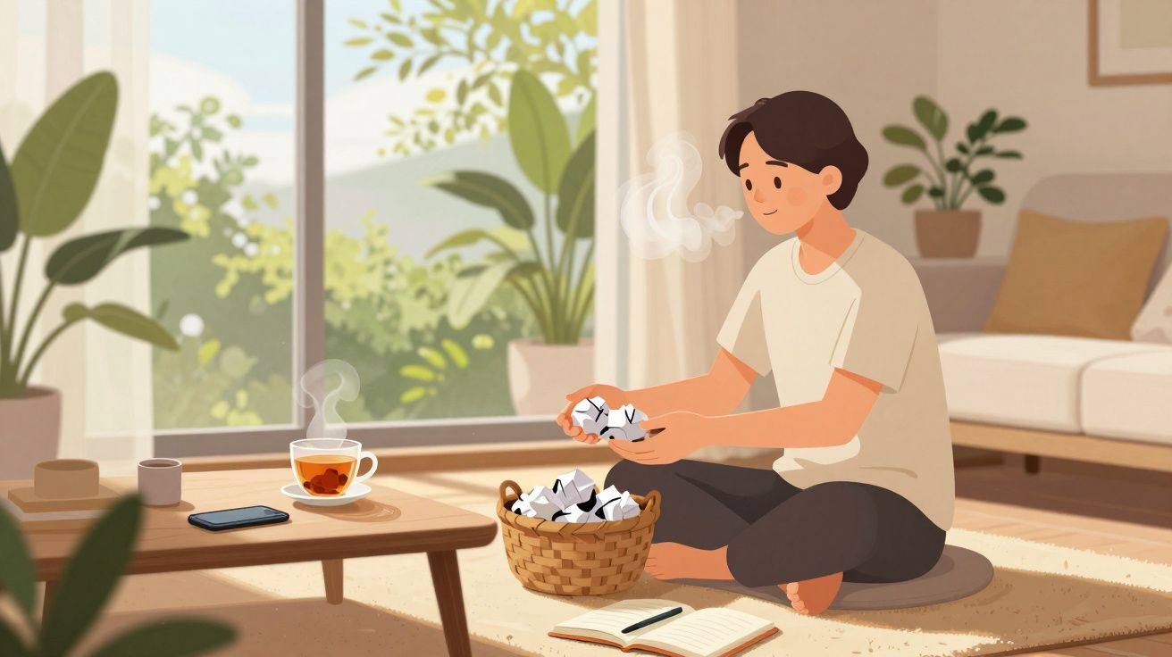 Pessoa sentada no chão, amassando papéis ao lado de chá quente numa sala iluminada e acolhedora.