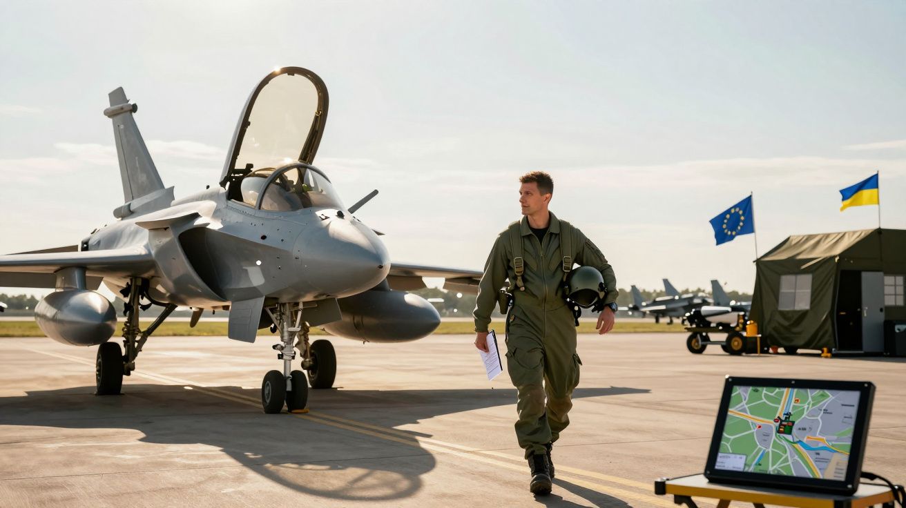 Piloto militar em fato de voo caminha junto a avião de combate estacionado, com bandeiras da UE e Ucrânia ao fundo.