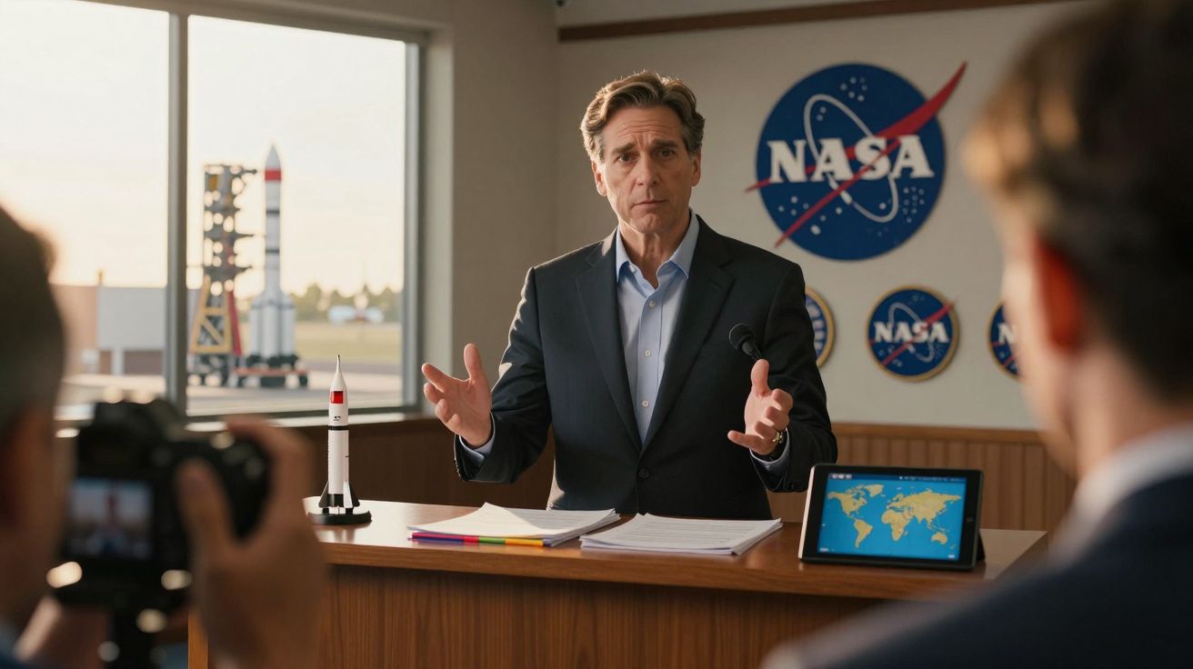 Homem em fato a dar uma apresentação na NASA com maquete de foguete e mapas no ecrã.