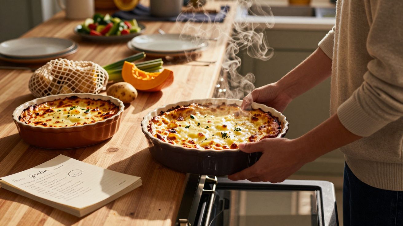 Pessoa a retirar da cozinha prato quente de forno com lasanha fumegante, ao lado ingredientes e receita.