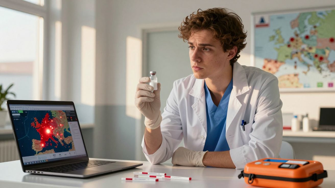 Homem com bata branca analisa frasco pequeno em laboratório com mapa e laptop ao fundo.