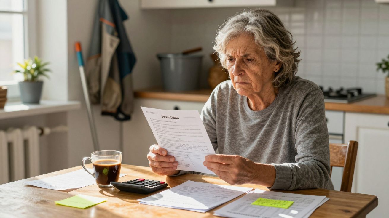 Senhora idosa sentada à mesa a analisar documentos com expressão preocupada numa cozinha.