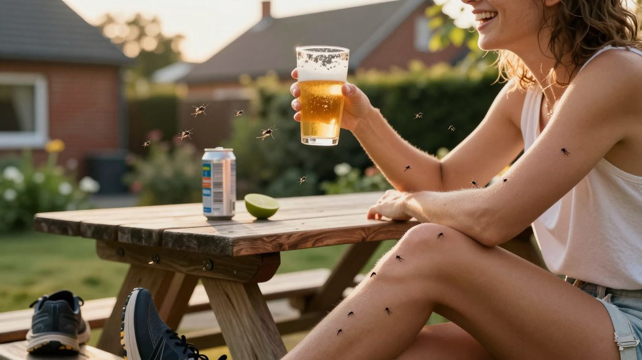 Mulher sentada no jardim com copo de cerveja, rodeada por vários mosquitos a voar e pousar nela.